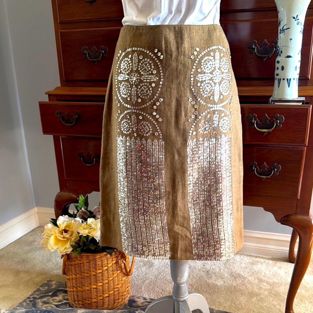Tory Burch Tan Silver Sequin Pencil Skirt Size 10 - Picture 3 of 13